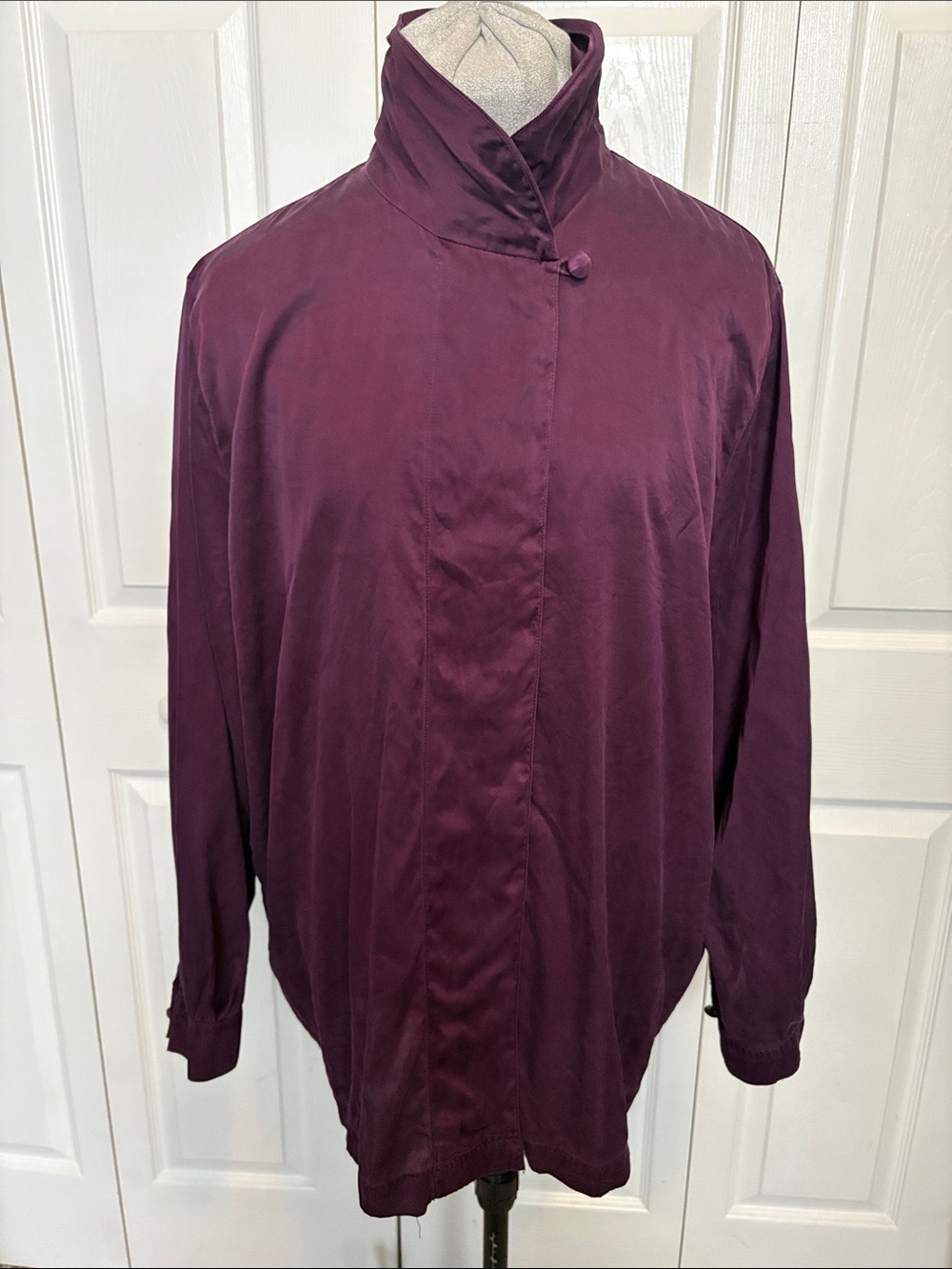Plus 100% Silk Plum Purple Lightweight Stand Collar Top Versatile Dark Academia